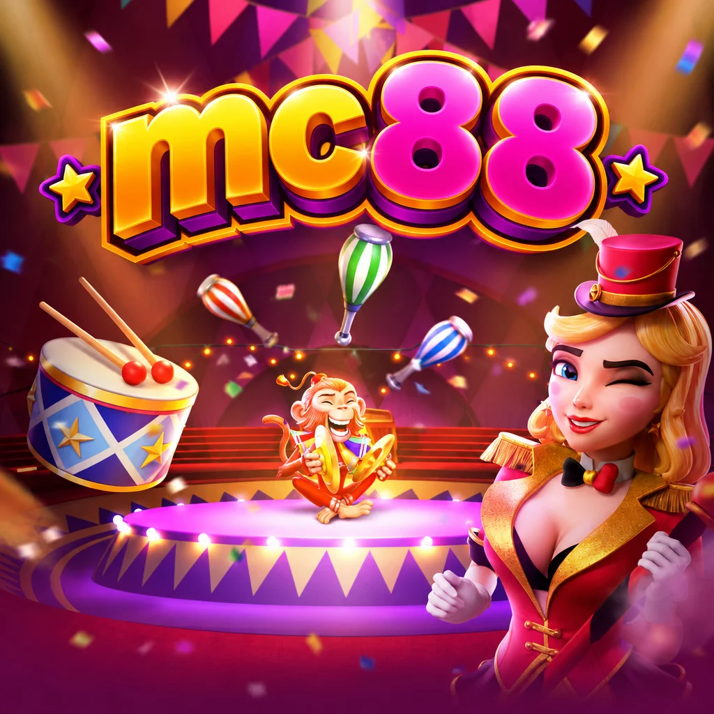 mc88 Circus Delight dengan karakter sirkus wanita dan monyet di atas panggung